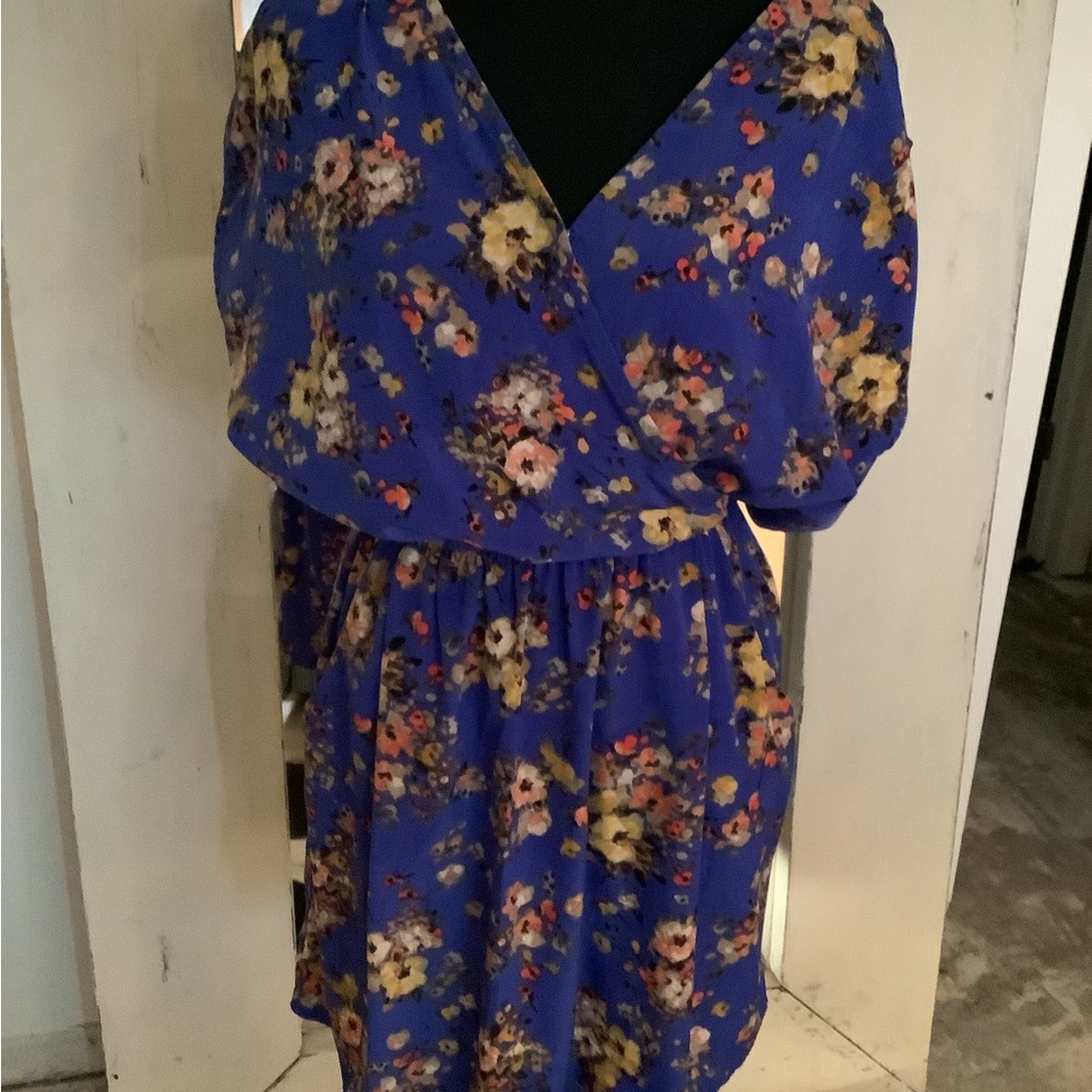 Bar III Blue Floral Dress with Yellow and Pink Accents